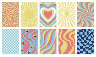 A set of geometric abstract retro posters with a chess background, sun, heart, waves, smiley face and psychedelic swirl. Nostalgic backgrounds in faded colors. Collection of Y2k posters or backgrounds vector