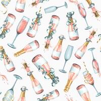 Bottles and glasses with pink champagne, with festive ribbons. Watercolor illustration. Seamless pattern on a white background from a large set of HAPPY BIRTHDAY. For congratulations and gifts. vector