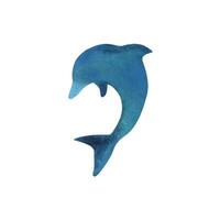 Blue turquoise dolphin silhouette, simple with beautiful texture. Nautical watercolor illustration hand drawn in childish abstract style. Isolated object on white background vector