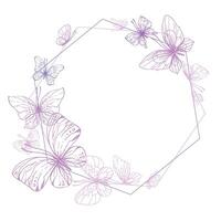 Butterflies are pink, blue, lilac, flying, delicate line art. Graphic illustration hand drawn in pink, lilac ink. hexagon frame, template EPS vector