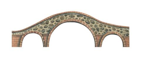 Ancient stone bridge brown with three arches. Watercolor illustration, hand drawn. Isolated object on a white background. For decoration and design of the city, streets, compositions. vector