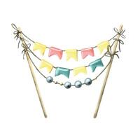 Decoration for a birthday cake, with flags on sticks, with beads. Watercolor illustration. An isolated object from a large set of HAPPY BIRTHDAY. For decoration and design of baking, holiday parties vector