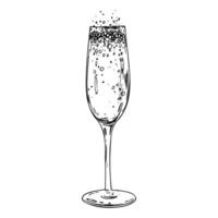 Glass goblet with champagne and bubbles, sparkling wine. Line art is a simple hand-drawn illustration in black and white ink. Isolated EPS object. vector