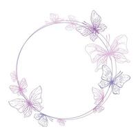 Butterflies are pink, blue, lilac, flying, delicate line art. Graphic illustration hand drawn in pink, lilac ink. circle frame, template EPS vector