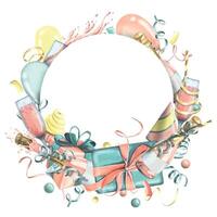 The festive frame is round, with pink champagne in bottles and glasses, with a cake, flags, confetti and gifts. Watercolor illustration, hand drawn. Isolated objects on white background for birthday vector