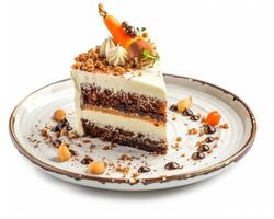 a piece of carrot cake with nuts and cream photo