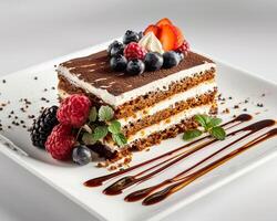 a piece of cake with berries and chocolate drizzle photo