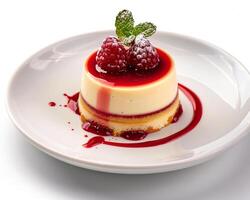 a dessert with raspberry sauce on top photo