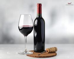 a bottle of red wine and a glass on a wooden coaster photo