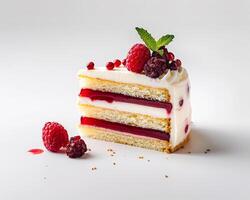 a piece of cake with berries and cream photo