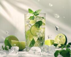 mojito in a glass with ice and lime slices photo