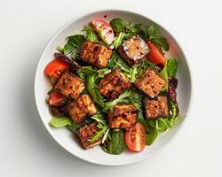 a bowl of tofu and spinach salad with tomatoes photo