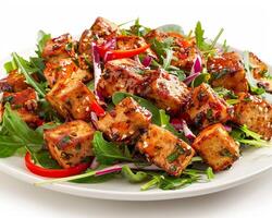 a plate of tofu and greens with red peppers photo