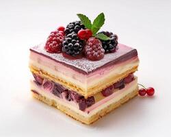 a piece of cake with berries and cream photo