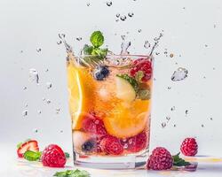 a glass of fruit juice with water splashing on it photo