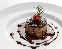 a piece of meat on a white plate with sauce photo