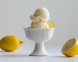 a bowl of ice cream with a lemon slice on top photo