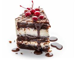 a slice of cake with chocolate and cherry on top photo