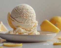 a bowl of ice cream with a scoop of lemon ice cream photo
