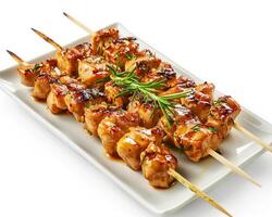 chicken skewers on a white plate photo