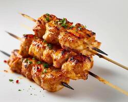 pollo brochetas con hierbas y especias en un blanco antecedentes foto