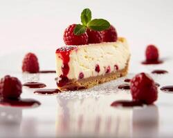 a piece of cheesecake with raspberry sauce and raspberries photo