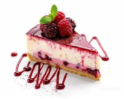 a piece of cheesecake with berries and a drizzle of chocolate photo