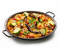 a pan with seafood and rice on top photo