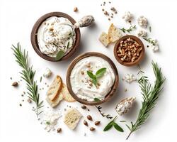 dip with crackers, herbs and cheese on white background photo