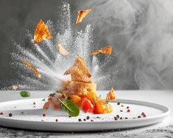 a plate with food being sprinkled with powder photo