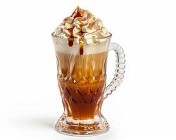 a glass of coffee with whipped cream and caramel photo