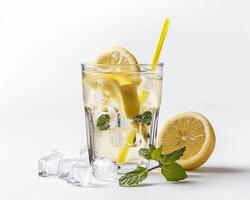a glass of lemonade with ice and a lemon slice photo