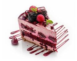a piece of cake with berries and chocolate drizzle photo