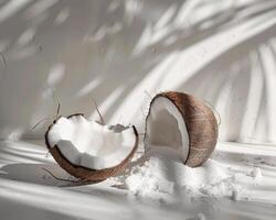 coconut half open on white surface with white powder photo