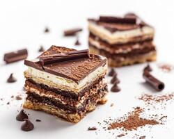 three layers of chocolate and cream layered cake on a white background photo