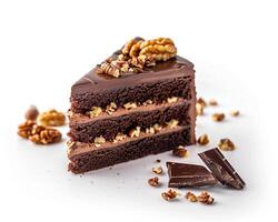 a piece of chocolate cake with nuts on top photo