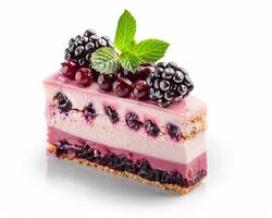 a piece of cake with berries and cream photo