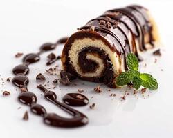 a chocolate cake with chocolate icing and mint leaves photo