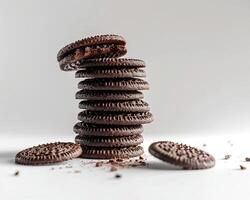 a stack of chocolate cookies with one half eaten photo