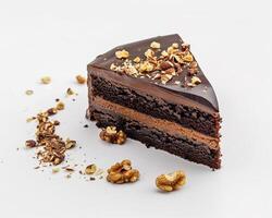 a piece of chocolate cake with nuts on top photo