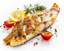 grilled fish with lemon and herbs on white background photo