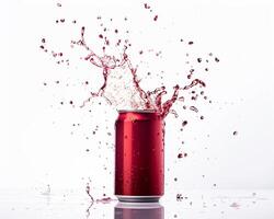 a red can of soda with water splashing on it photo