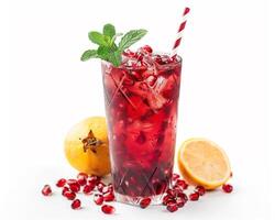 a glass of pomegranate juice with a straw and lemon photo