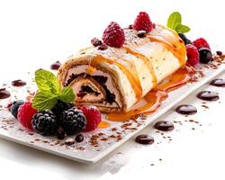 a dessert with berries and chocolate on a white plate photo