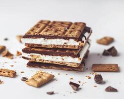 a stack of s'mores with chocolate and marshmallows photo