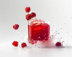 raspberry juice splash with raspberries on white background photo