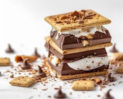 a stack of s'mores with marshmallows and chocolate photo