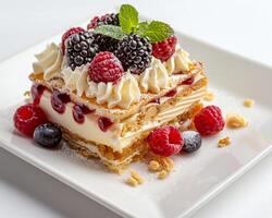 a dessert with berries and cream on a white plate photo