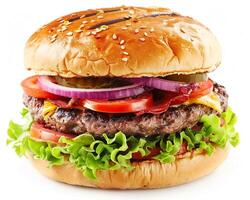 a large hamburger with lettuce, tomato, onion and cheese photo