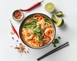 thai curry with shrimp and vegetables in a bowl on white background photo